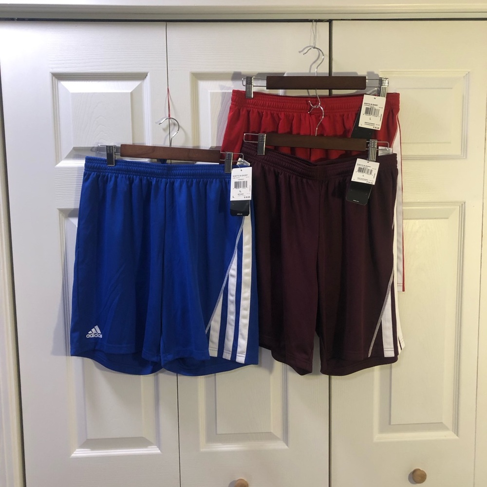 3 Pairs of adidas soccer shorts. Size large, NWT